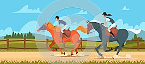 Equestrian sport background. People rides on race horse outdoor vector illustrations in cartoon style