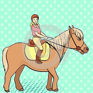 Equestrian sport for children. Isolated on pop art background. Raster illustratio. Comic book style imitation photo