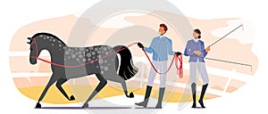 Equestrian Sport Club, Horse Training Concept. Trainer Characters Wearing Uniform Holding Whip and Harness