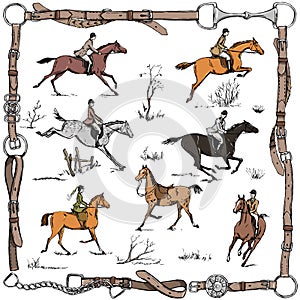 Equestrian sport fox hunting with horse riders english style on landscape.