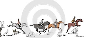 Equestrian sport fox hunting with horse riders english style on landscape.