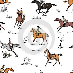 Equestrian sport fox hunting with horse riders english style on landscape seamless pattern.