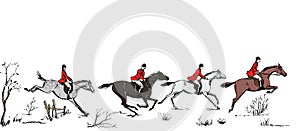 Equestrian sport fox hunting with horse riders english style in red jacket on landscape.