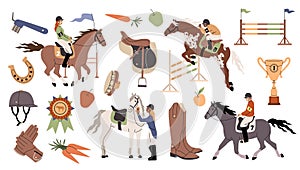 Equestrian sport. Girls and boys are professional jockeys riding horses, racing stallions, equestrian sports accessories