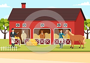 Equestrian Sport Horse Trainer with Training, Riding Lessons and Running Horses in Flat Cartoon Hand Drawn Template Illustration