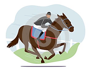 Equestrian Sport and Horse Training Concept. Trainer Jockey Character Riding Thoroughbred Stallion on Hippodrome