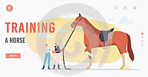 Equestrian Sport and Horse Training Landing Page Template. Tiny Trainer and Jockey near Huge Thoroughbred Stallion