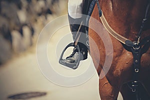 Equestrian sport. The leg of the rider in the stirrup, riding on a red horse