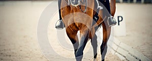 Equestrian sport.The leg of the rider in the stirrup, riding on a red horse