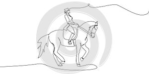 Equestrian sport one line art. Continuous line drawing horseback riding, rider, saddle, trot, horse racing, polo, sport
