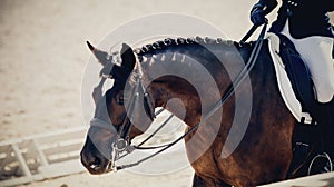 Equestrian sport. Portrait sports stallion iin the double bridle