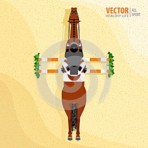 Equestrian sport. Poster. Jockey riding jumping horse. Competitions. Top view. Vector illustration