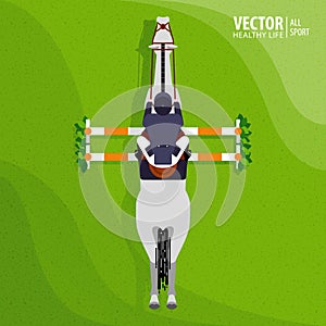 Equestrian sport. Poster. Jockey riding jumping horse. Competitions. Top view. Vector illustration