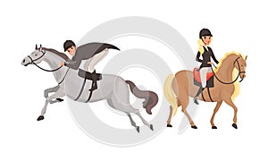 Equestrian Sport Set, Man and Woman Pacticing Horseback Riding Cartoon Style Vector Illustration