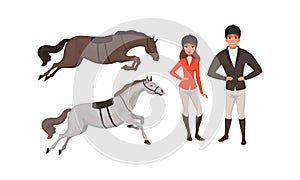 Equestrian Sport Set, Man and Woman Professional Jockeys and Horses Cartoon Style Vector Illustration