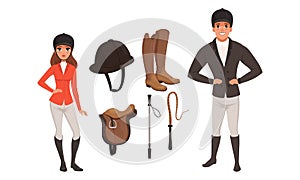 Equestrian Sport Set, Man and Woman Professional Jockeys and Sports Equipment Cartoon Style Vector Illustration