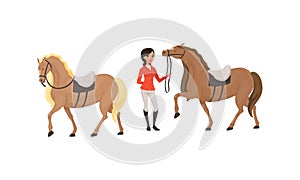 Equestrian Sport Set, Woman Professional Jockey and Horses Cartoon Style Vector Illustration