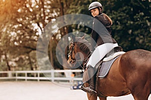 Equestrian sport - a young girl is riding a horse