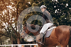 Equestrian sport - a young girl is riding a horse