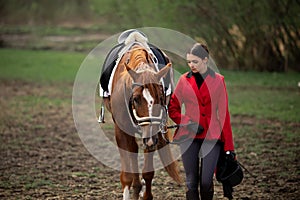 Equestrian sport, young woman jockey is riding brown horse
