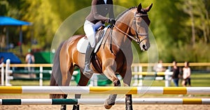 Equestrian sports. Light-brown horse and girl in uniform going to jump