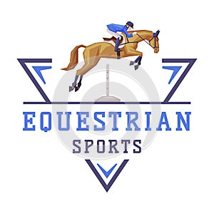 Equestrian Sports Logo Design, Jockey Riding with Jumping Horse, Derby, Tournament Label, Emblem Vector Illustration