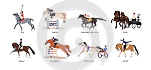 Equestrian sports set. Thoroughbred horse racing, harness riding, dressage, eventing, vaulting. Equine riders activities