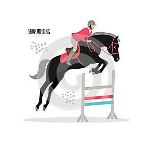 Equestrian sports. Show jumping. Vector flat illustration isolated