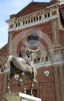 equestrian statue and the Ancient Cathedral in Pavia Town in Nor