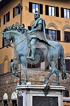 Equestrian statue, depicting Cosimo I de `Medici, in Piazza della Signoria in Florence.