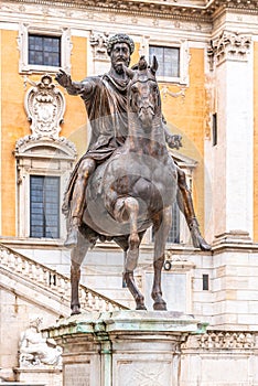 Equestrian statue of Emperor Marcus Aurelius on Piazza del Campidoglio, Capitoline Hill, Rome, Italy