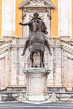 Equestrian statue of Emperor Marcus Aurelius on Piazza del Campidoglio, Capitoline Hill, Rome, Italy