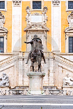 Equestrian statue of Emperor Marcus Aurelius on Piazza del Campidoglio, Capitoline Hill, Rome, Italy