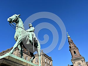 Equestrian statue of Frederick VII in front of Christiansborg on Slotsholmen in Copenhagen, Denmark,