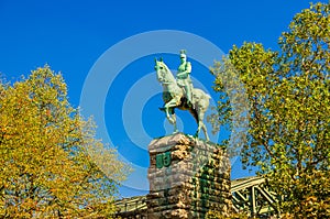 Equestrian Statue of Kaiser Wilhelm II monument on stone pedestal near Hohenzollern bridge photo