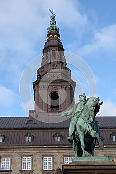 The equestrian statue of King Frederik VII in front of the Christiansborg Palace in Copenhagen, Denmark