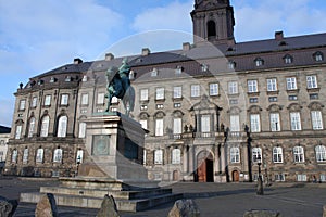 The equestrian statue of King Frederik VII in front of the Christiansborg Palace in Copenhagen, Denmark