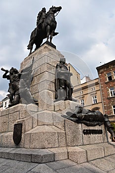 Equestrian statue of King of Poland Wladyslaw II Jagiello (1352-1434) in Matejko Square in Krakow, Poland