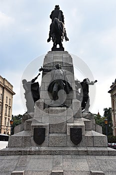 Equestrian statue of King of Poland Wladyslaw II Jagiello (1352-1434) in Matejko Square in Krakow, Poland