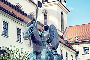 Equestrian statue of margrave Jobst of Luxembourg and Church of