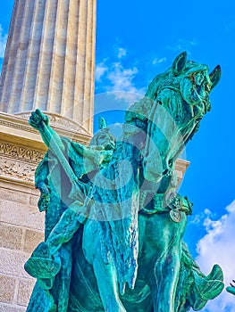 The equestrian statue of one of Hungarian chieftain leader, mounted on the base of the column on Heroes` Square of Budapest,