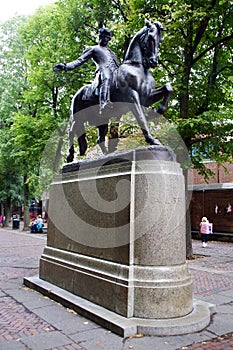 The Equestrian statue of Paul Revere close to The Old North Church, Boston, USA. Erected in 1940.
