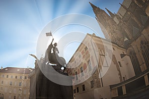 Equestrian statue of Saint George in front of St Vitus Cathedral. Prague castle, Hradcany, Czech Republic