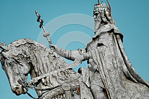 Equestrian statue of Statue of Stephen I of Hungary at Fisherman\'s Bastion. Budapest, Hungary photo