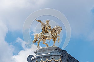 Equestrian statue on the top of La Rose building in Brussels, Belgium