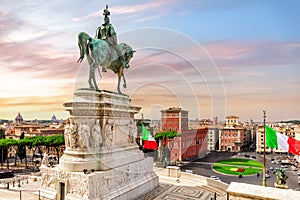 The equestrian statue of Victor Emmanuel II and the Venice Square or Piazza Venezia at sunset, Rome, Italy