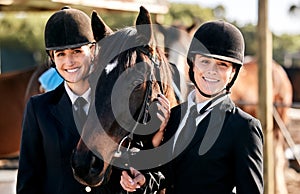 Equestrian women, friends and horse in portrait, smile and outdoor for sports, training and workout for show. Girl team