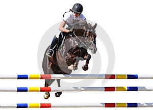 Equestrianism: Young girl in jumping show, isolated