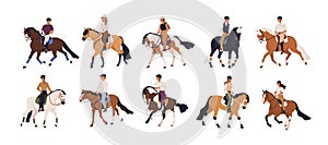 Equestrians riding horse backs set. Horseback riders in helmets on equine saddles. Men, women during horseriding