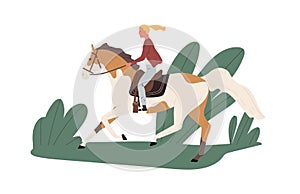 Equestrienne riding horse outdoors. Jockey ride stallion outside. Scene of horseback in nature and active recreation